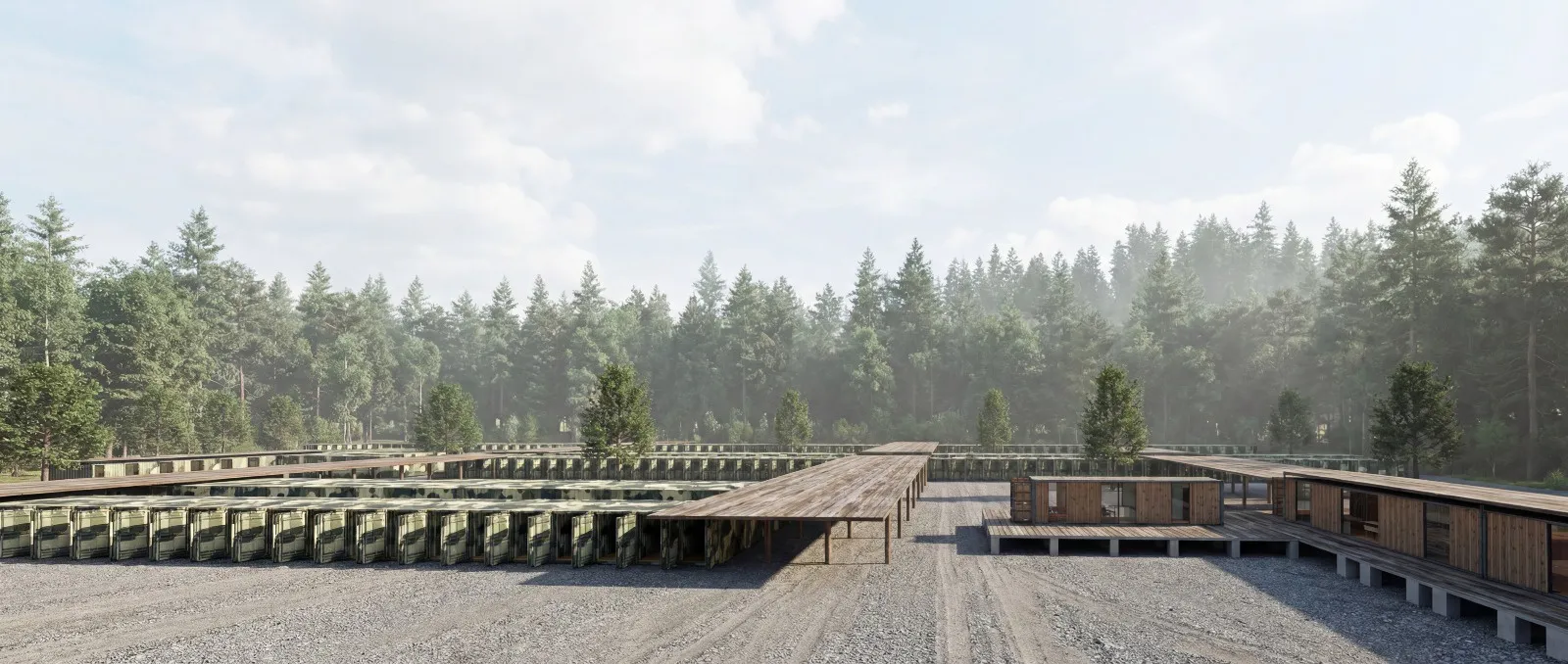Storage aisle disappearing into mist