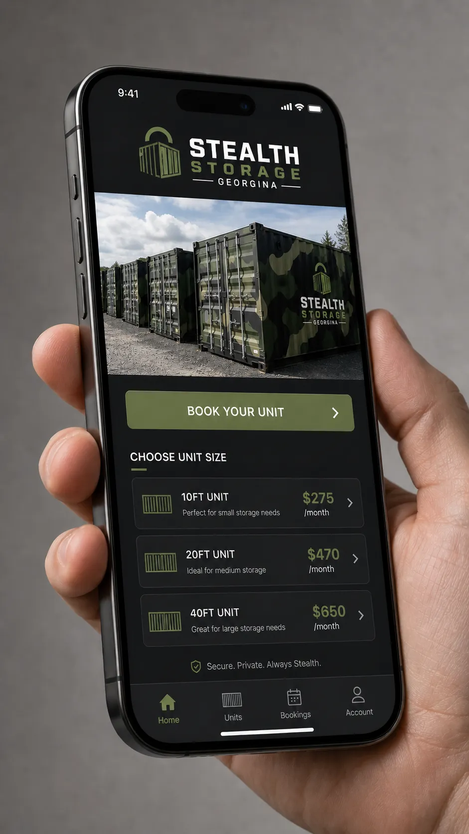 Stealth Storage app shown on a phone