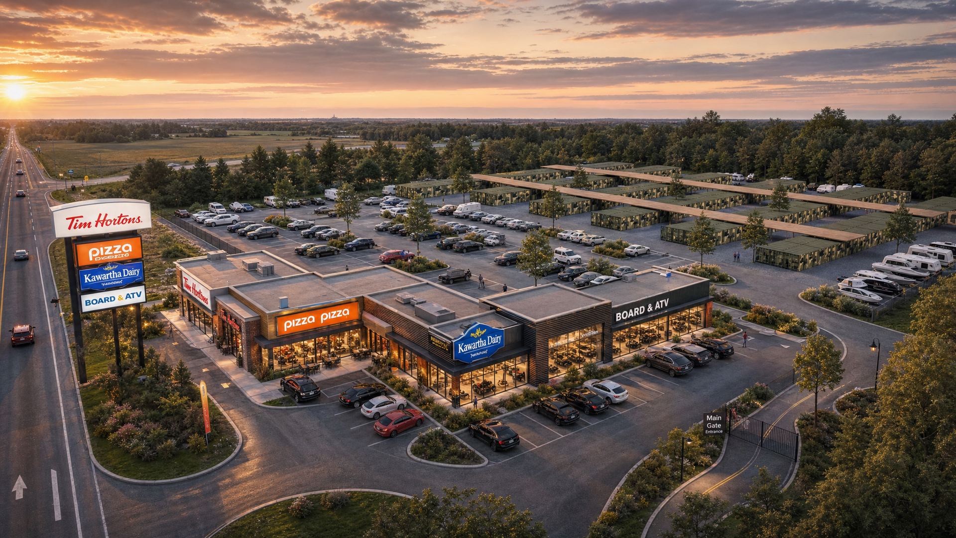 Stealth Storage Georgina aerial view of facility, retail strip, and storage rows